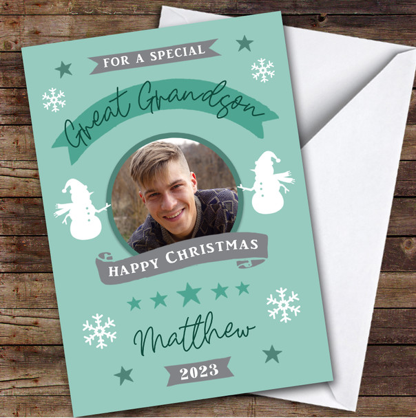Snowman Great Grandson Snowman Photo Custom Greeting Personalized Christmas Card