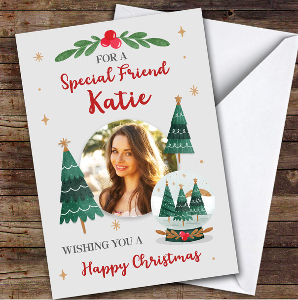 Special Friend Photo Snow Globe Tree Custom Greeting Personalized Christmas Card