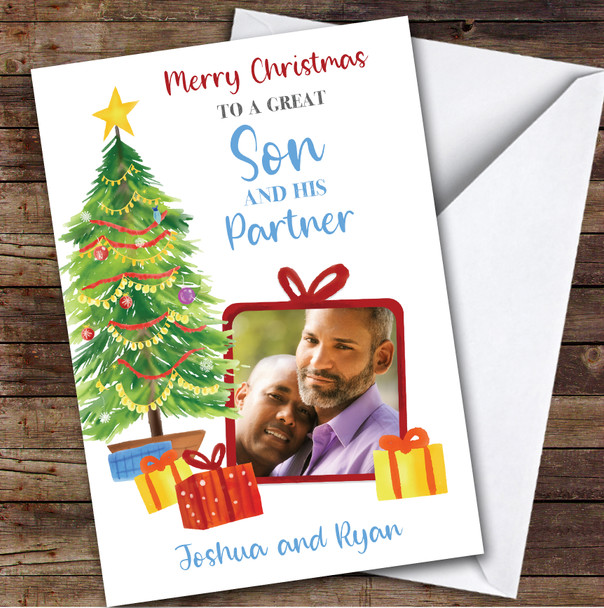 Son and His Partner Tree Gift Photo Custom Greeting Personalized Christmas Card