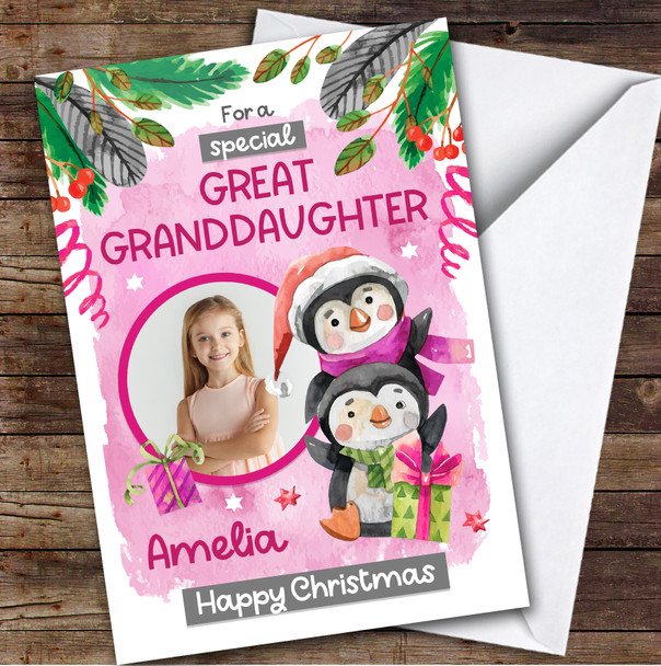 Great Granddaughter Penguins Photo Custom Greeting Personalized Christmas Card