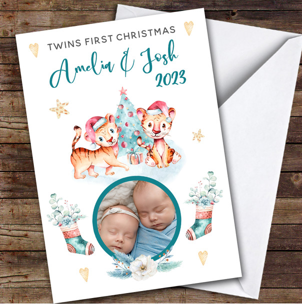 Twins 1st First Xmas Tiger Photo Custom Greeting Personalized Christmas Card