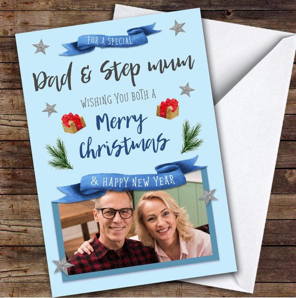 Dad & Step Mum Merry Gift Photo Custom Greeting Personalized Christmas Card