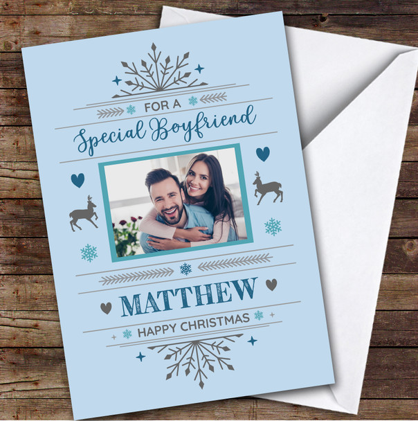 Boyfriend Photo Blue Snowflake Custom Greeting Personalized Christmas Card