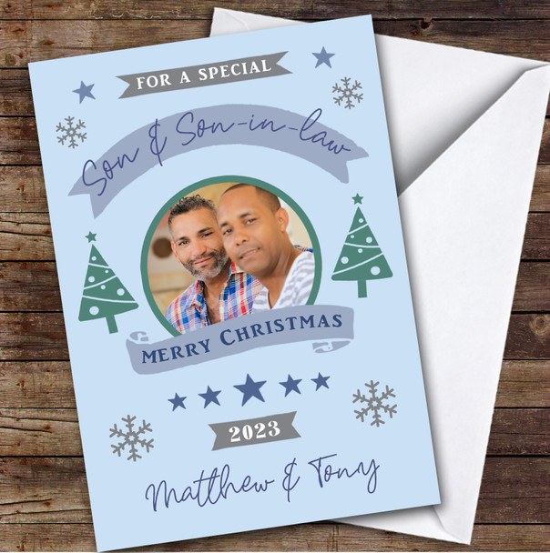 Son and Son-in-law Tree Photo Custom Greeting Personalized Christmas Card