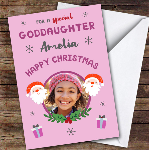 Goddaughter Santa Pink Photo Custom Greeting Personalized Christmas Card