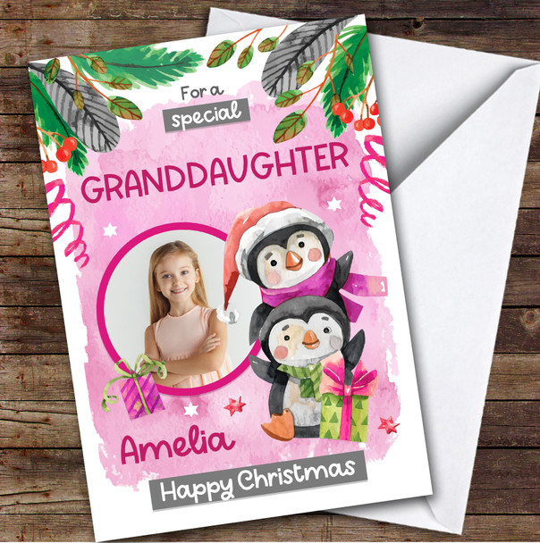 Granddaughter Penguins Photo Custom Greeting Personalized Christmas Card