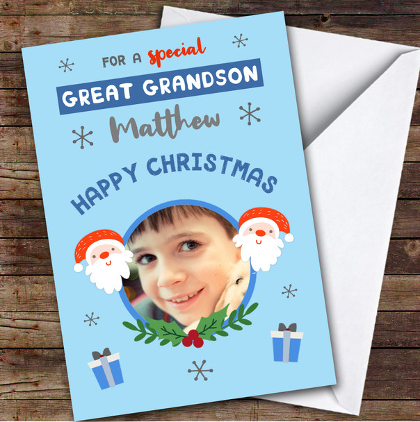 Great Grandson Santa Photo Custom Greeting Personalized Christmas Card