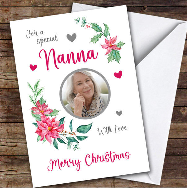 Nanna Merry Floral Photo Custom Greeting Personalized Christmas Card