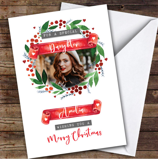 Daughter Wreath Photo Custom Greeting Personalized Christmas Card