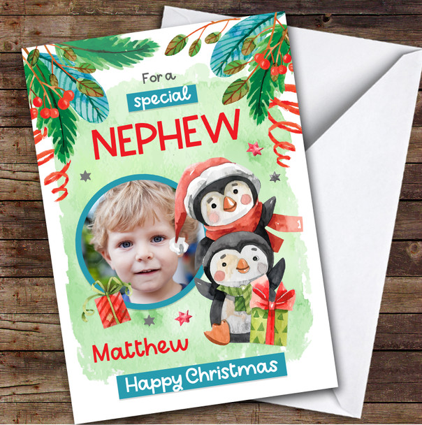 Nephew Penguins Photo Custom Greeting Personalized Christmas Card