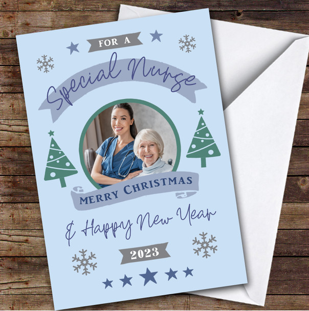 Nurse Photo Blue Tree Custom Greeting Personalized Christmas Card