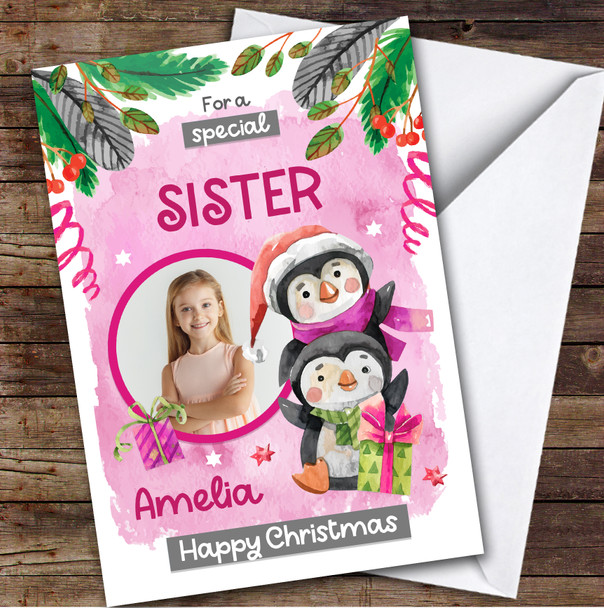 SISTER Penguins Photo Custom Greeting Personalized Christmas Card