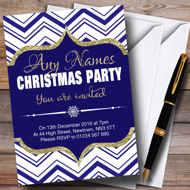 Chevrons Blue White & Gold Personalized Christmas Party Invitations