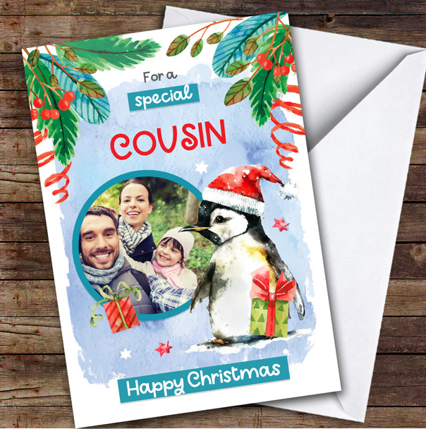 COUSIN Penguin Photo Custom Greeting Personalized Christmas Card