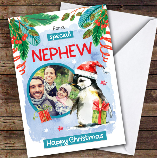 NEPHEW Penguin Photo Custom Greeting Personalized Christmas Card