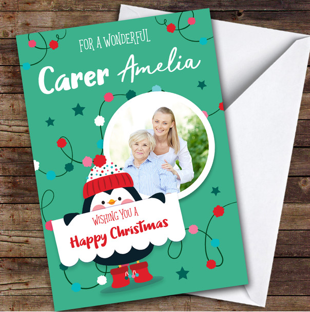 Carer Penguin Photo Custom Greeting Personalized Christmas Card