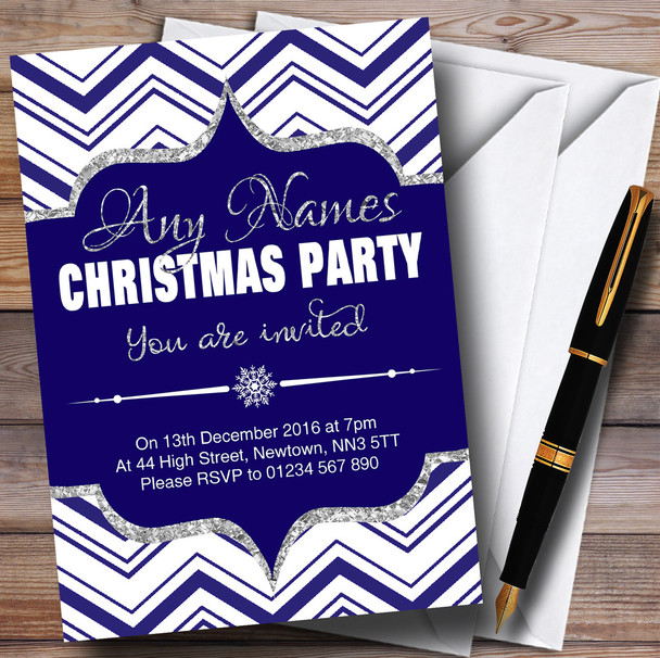 Chevrons Blue White & Silver Personalized Christmas Party Invitations