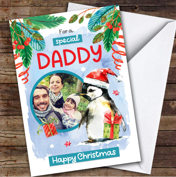 Daddy Penguin Photo Custom Greeting Personalized Christmas Card