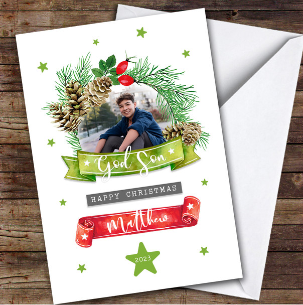 Godson Holly Photo Custom Greeting Personalized Christmas Card