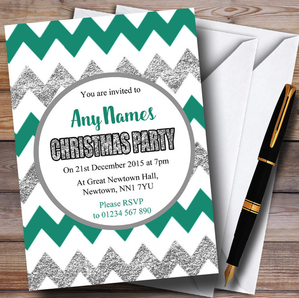 Chevrons Green & Silver Personalized Christmas Party Invitations