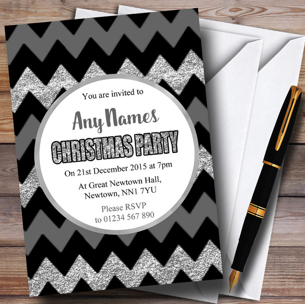 Chevrons Grey Black & Silver Personalized Christmas Party Invitations