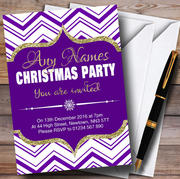 Chevrons Purple White & Gold Personalized Christmas Party Invitations