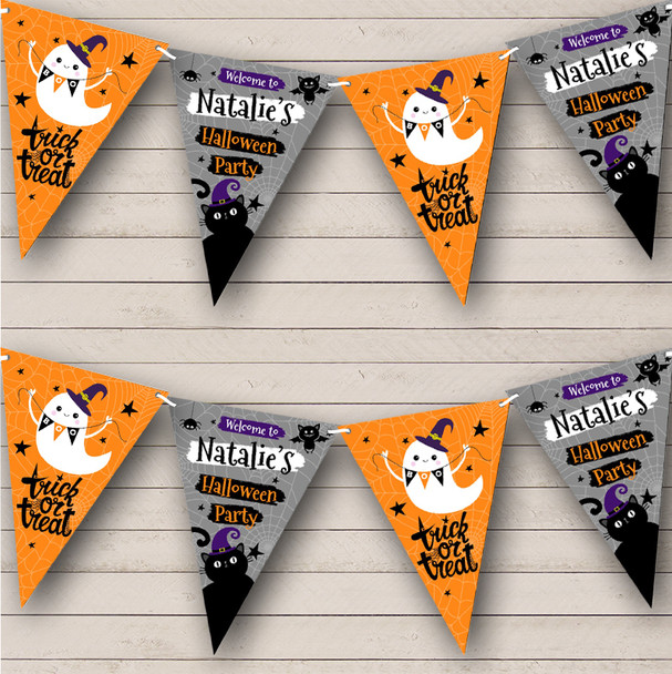 Orange Cute Ghost With Cat Personalized Decor Flag Banner Halloween Party Bunting