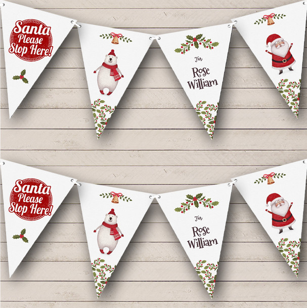 Watercolor Santa And Polar Bear Satna Stop Here Personalized Christmas Bunting