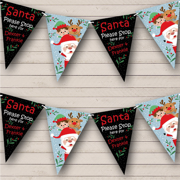 Black Blue Santa With Reindeer Personalized Christmas Banner Decoration Bunting