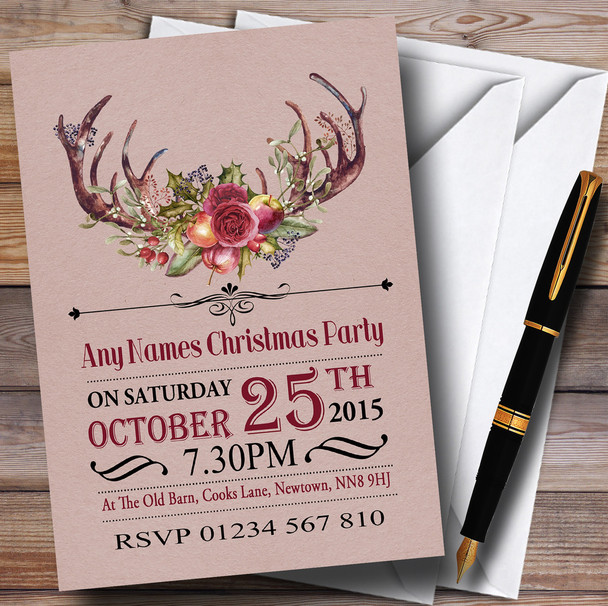Christmas Rustic Antlers Personalized Christmas Party Invitations