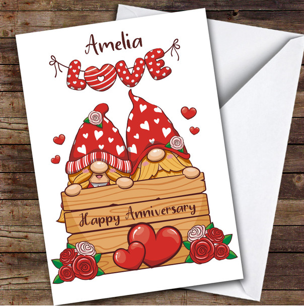 Personalized Gonks Romantic Floral & Hearts Love Happy Anniversary Card