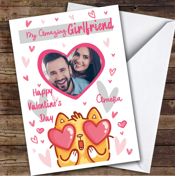 Personalized Heart Eyes Cat Pink Amazing Girlfriend Happy Valentine's Day Card