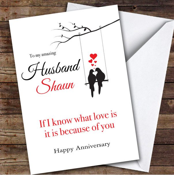 Personalized Love Birds Know What Love Is Husband Happy Anniversary Card