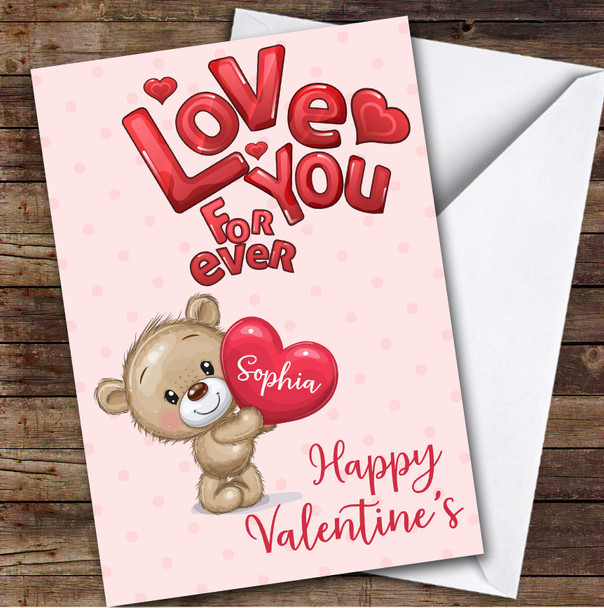 Personalized Love You Forever Cute Bear Holding Heart Happy Valentine's Card