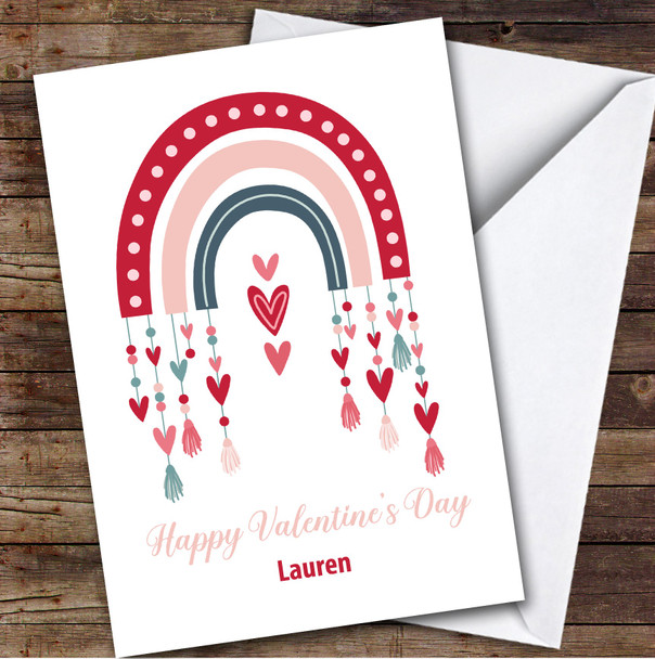 Personalized Pastel Pink Tassell Heart Rainbow Happy Valentine's Day Card