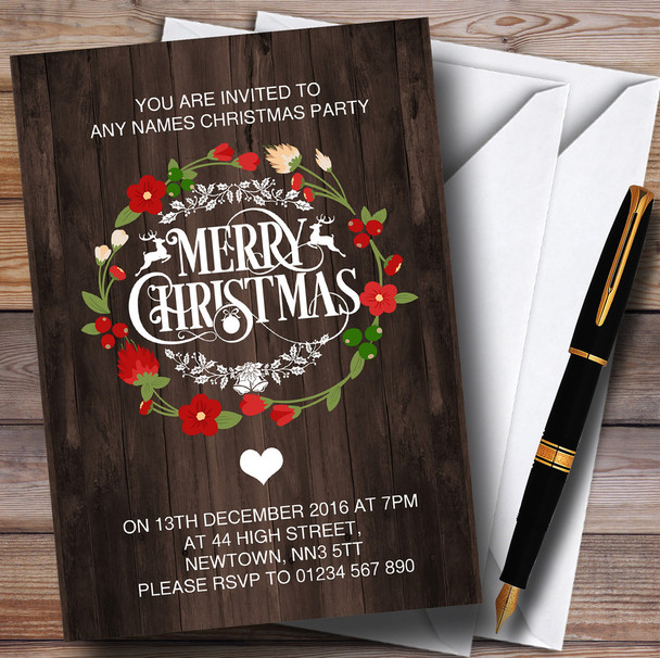 Dark Wood Merry Xmas Wreath Personalized Christmas Party Invitations