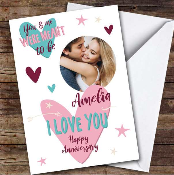 Personalized Pink & Teal Heart Romantic Photo You & Me Happy Anniversary Card