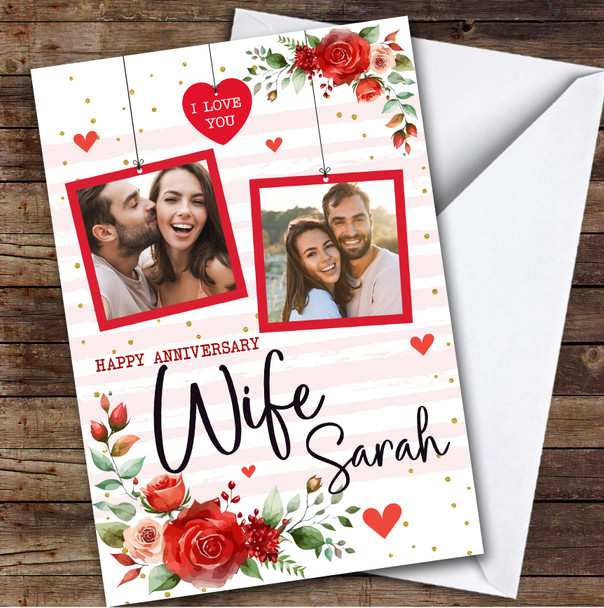Personalized Red Floral Romantic Hanging Photos Happy Anniversary Wife Card