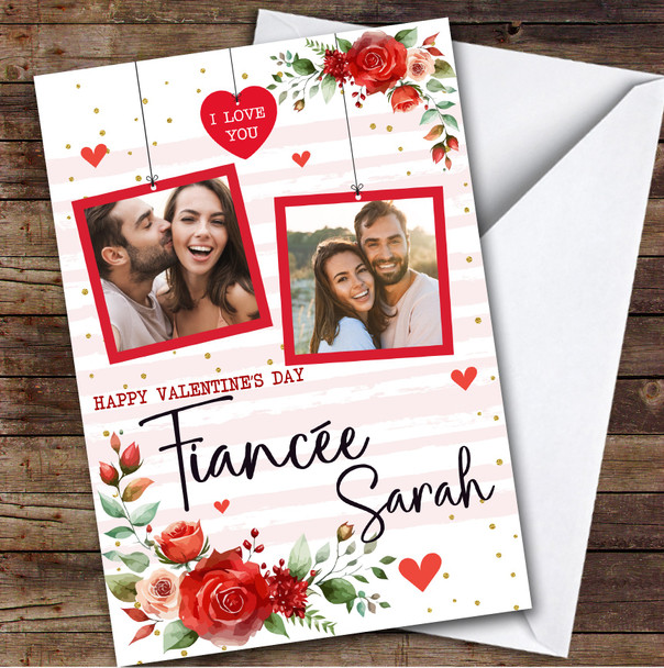 Personalized Red Floral Hanging Photos Happy Valentine's Day Fiancée Card