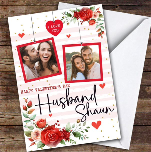 Personalized Red Floral Hanging Photos Happy Valentine's Day Husband Card