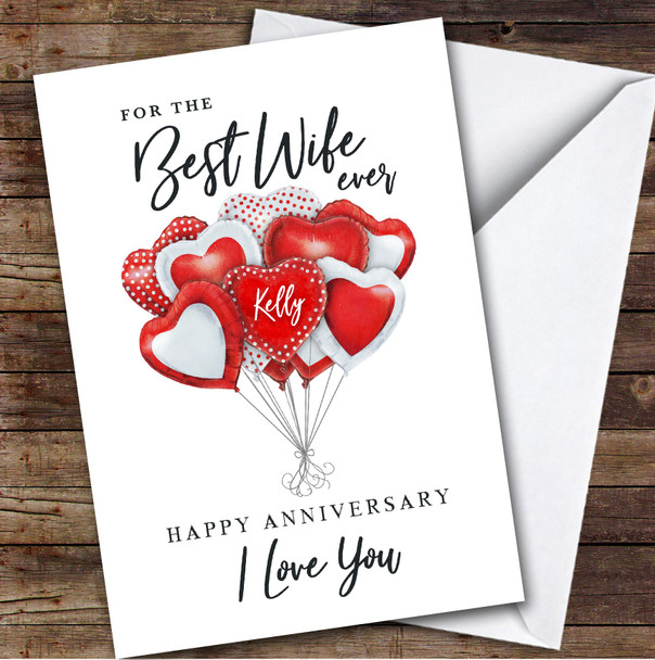 Personalized Red Heart Balloons Romantic Best Wife Ever Happy Anniversary Card