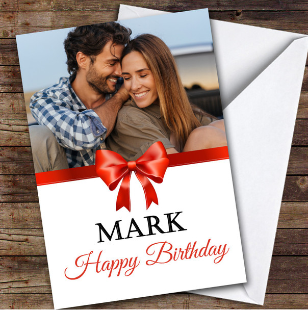 Personalized Red Ribbon Bow Romantic Photo Happy Birthday Card