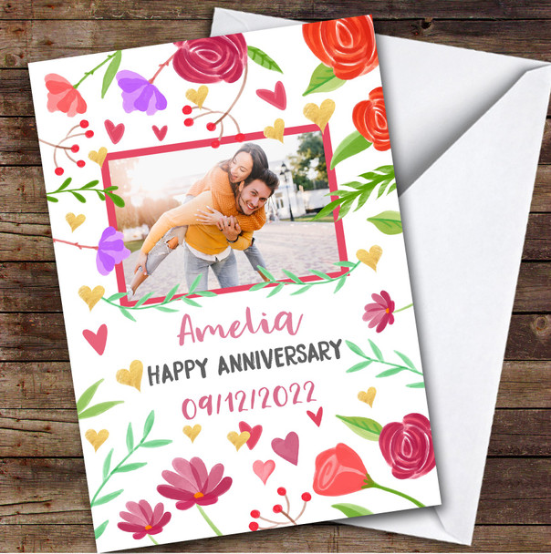 Personalized Bright Floral Romantic Hearts Photo Happy Anniversary Card