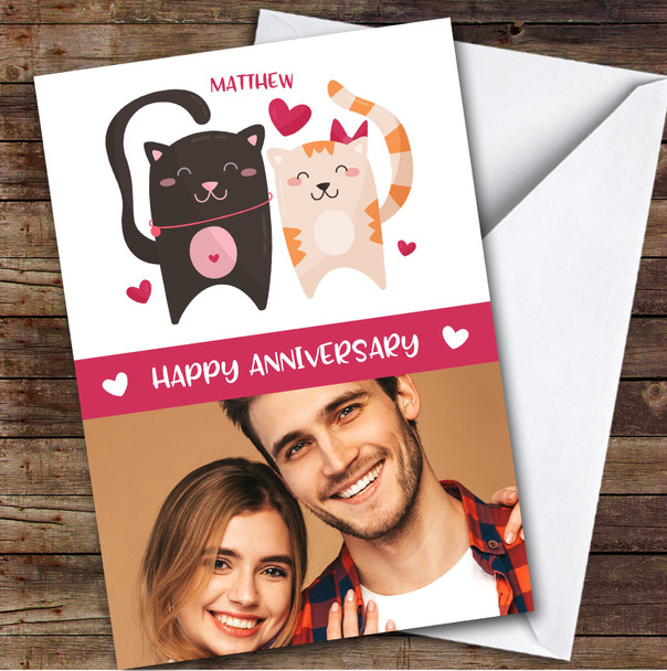 Personalized Romantic Cats Heart Photo Happy Anniversary Card