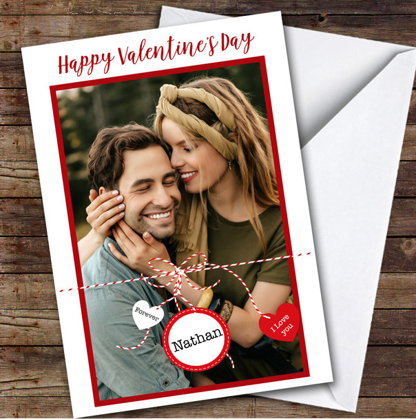 Personalized I Love You Forever Photo Ribbon Hearts Happy Valentine's Day Card