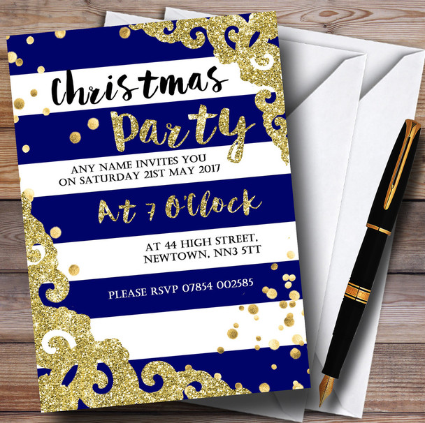 Glitter Border Blue Stripes Personalized Christmas Party Invitations