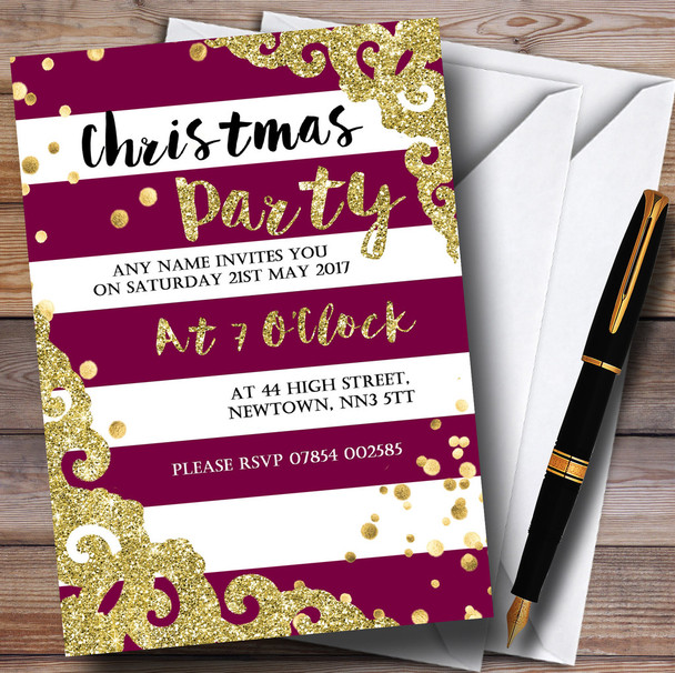 Glitter Border Plum Stripes Personalized Christmas Party Invitations