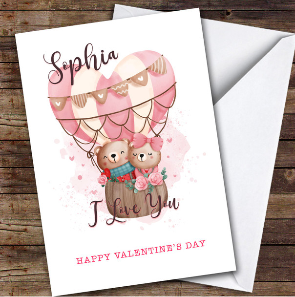 Personalized Teddy Bears Couple Hot Air Balloon Valentine Card