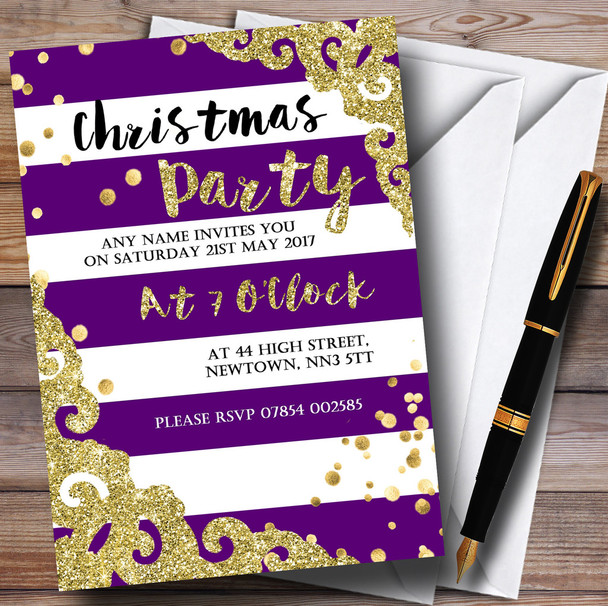 Glitter Border Purple Stripes Personalized Christmas Party Invitations