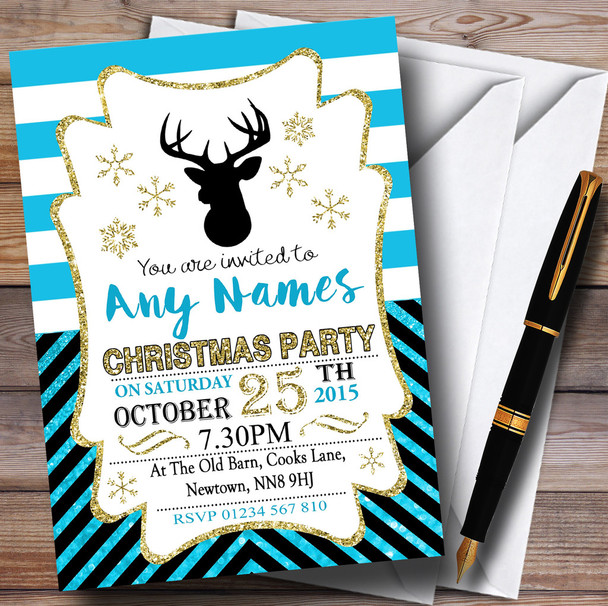 Gold & Blue Chevrons Personalized Christmas Party Invitations